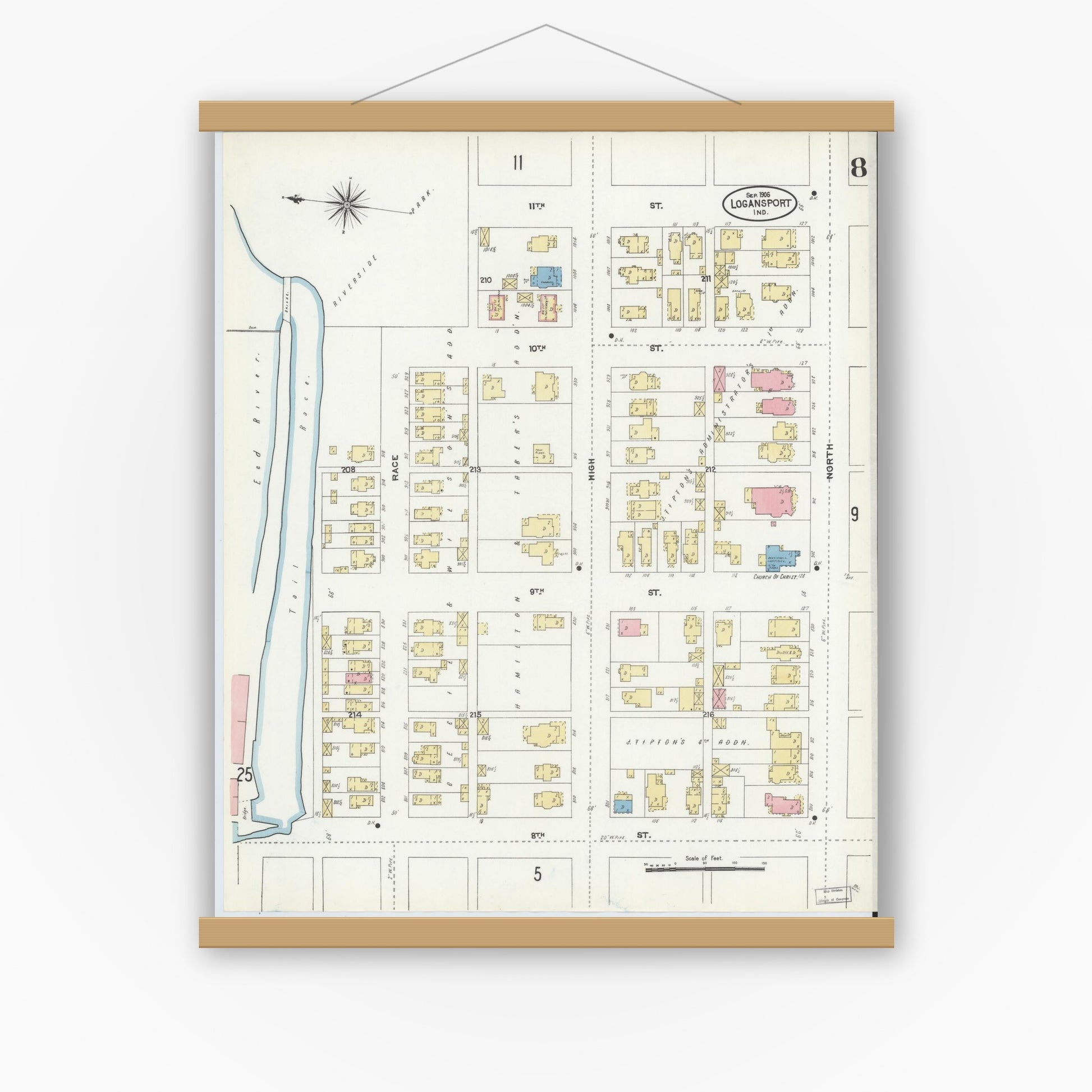 Old map wall art mockup — magnetic wood frame on white wall — Sanborn Fire Insurance Map from Logansport, Cass County, Indiana (1906), Sheet #0008