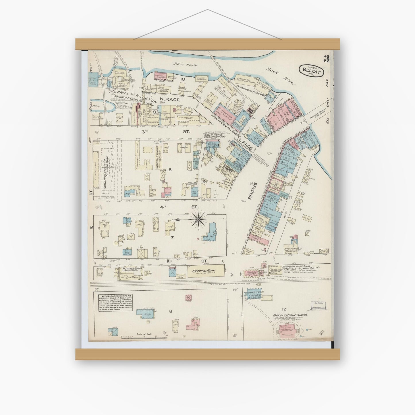 Old map wall art mockup — magnetic wood frame on white wall — Sanborn Fire Insurance Map from Beloit, Rock County, Wisconsin (1884), Sheet #0003