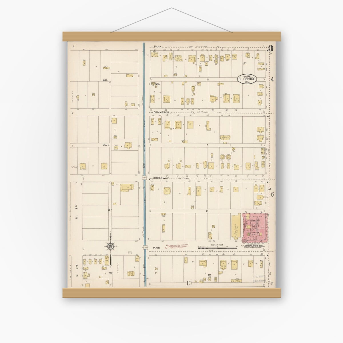 Old map wall art mockup — magnetic wood frame on white wall — Sanborn Fire Insurance Map from El Centro, Imperial County, California (1914), Sheet #0003