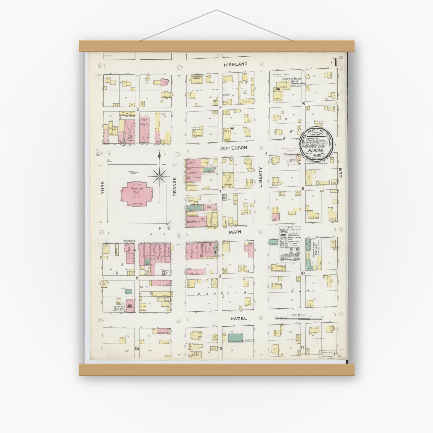 Old map wall art mockup — magnetic wood frame on white wall — Sanborn Fire Insurance Map from Albion, Noble County, Indiana (1892) - Complete Map Set