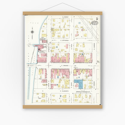 Old map wall art mockup — magnetic wood frame on white wall — Sanborn Fire Insurance Map from Waverly, Bremer County, Iowa (1915), Sheet #0005