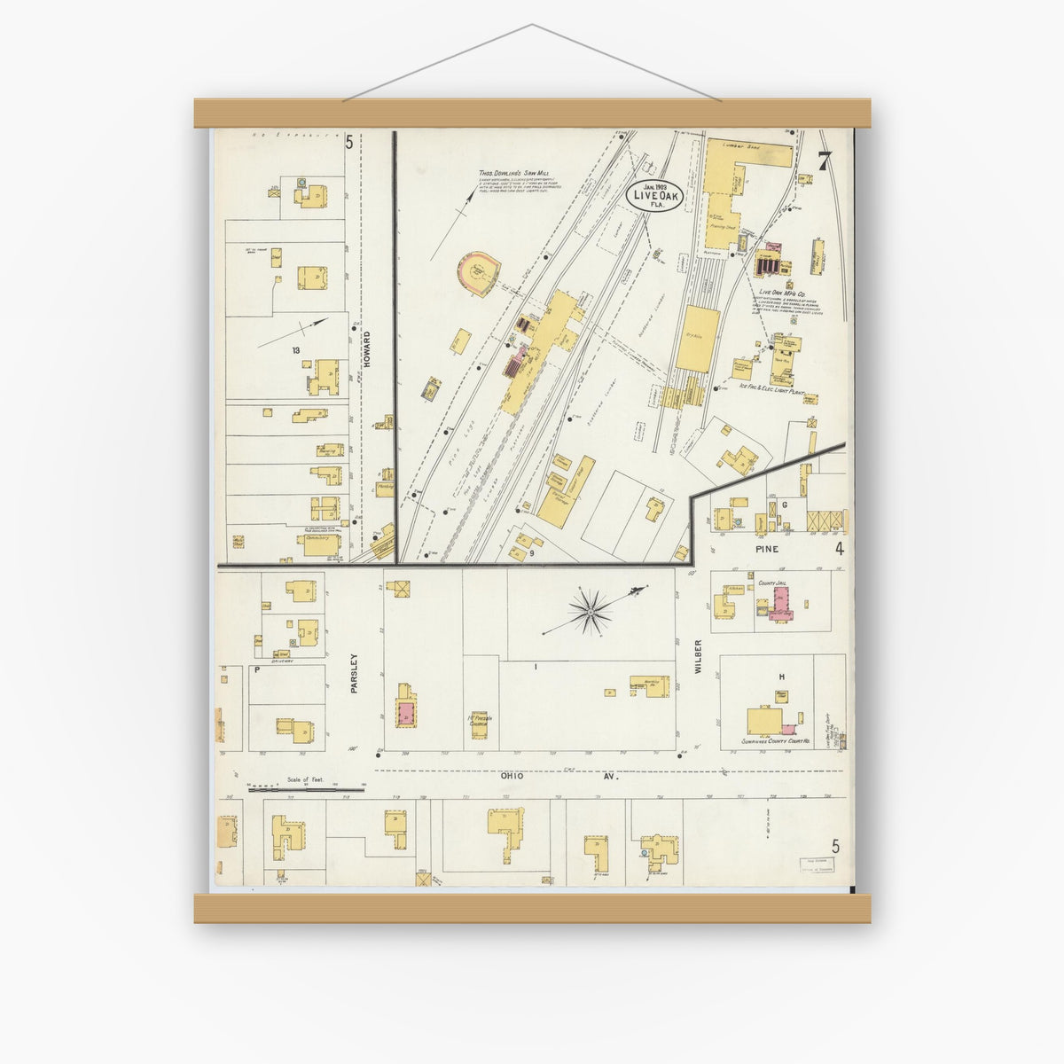 Old map wall art mockup — magnetic wood frame on white wall — Sanborn Fire Insurance Map from Live Oak, Suwanee County, Florida (1903), Sheet #0007