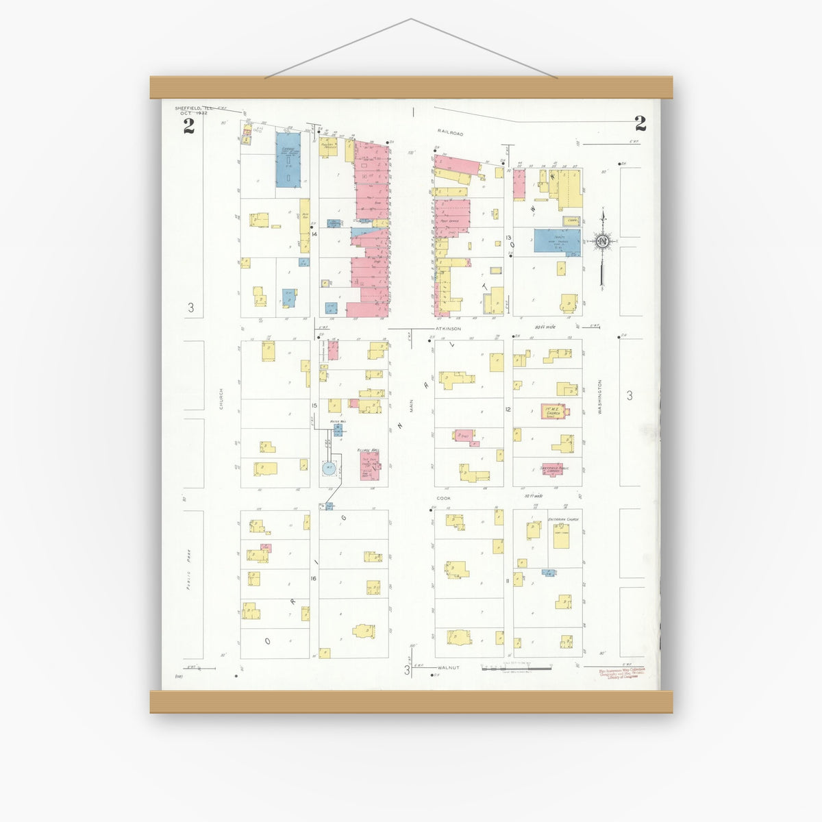 Old map wall art mockup — magnetic wood frame on white wall — Sanborn Fire Insurance Map from Sheffield, Bureau County, Illinois (1932), Sheet #0002