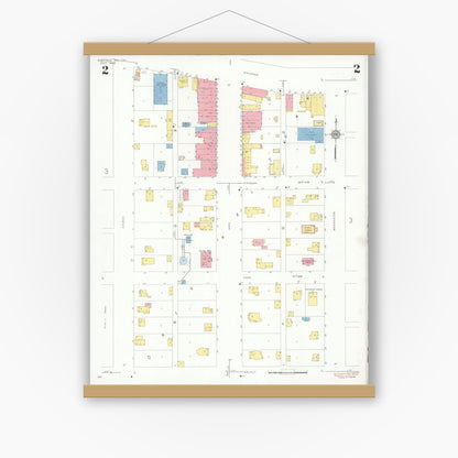 Old map wall art mockup — magnetic wood frame on white wall — Sanborn Fire Insurance Map from Sheffield, Bureau County, Illinois (1932), Sheet #0002