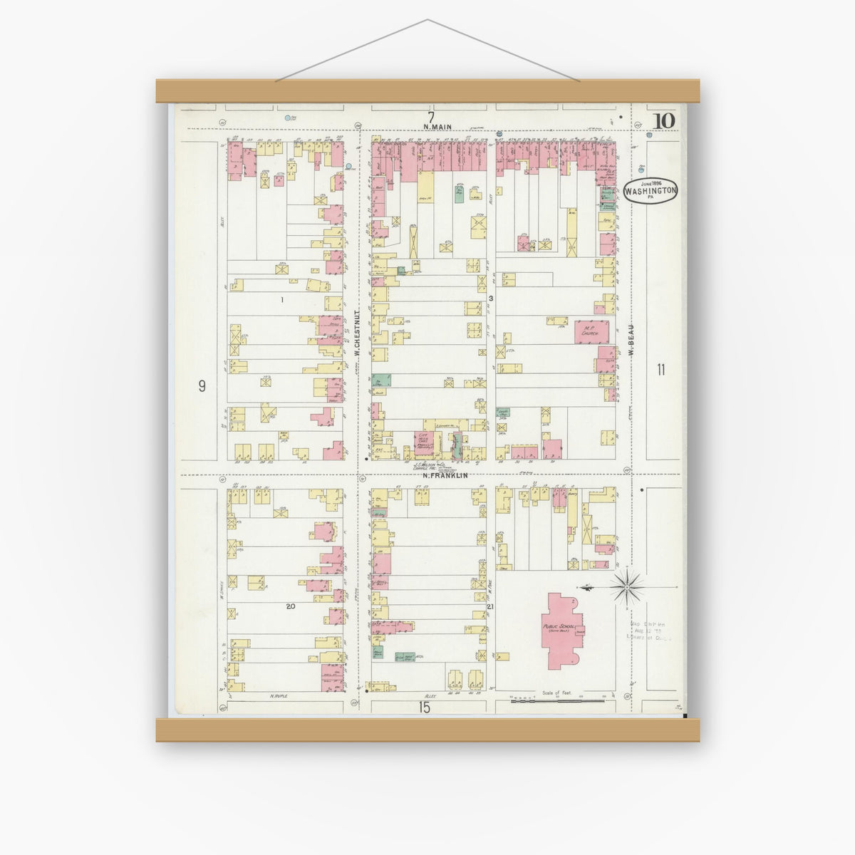 Old map wall art mockup — magnetic wood frame on white wall — Sanborn Fire Insurance Map from Washington, Washington County, Pennsylvania (1896), Sheet #0010