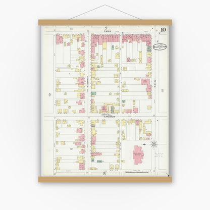 Old map wall art mockup — magnetic wood frame on white wall — Sanborn Fire Insurance Map from Washington, Washington County, Pennsylvania (1896), Sheet #0010