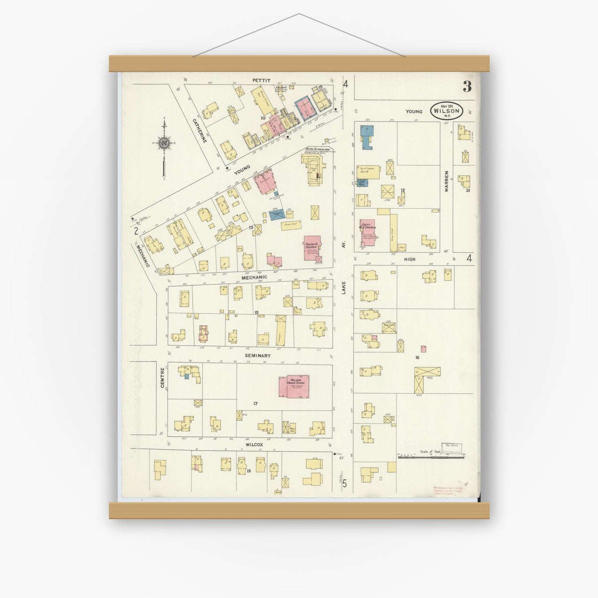 Old map wall art mockup — magnetic wood frame on white wall — Sanborn Fire Insurance Map from Wilson, Niagara County, New York (1911), Sheet #0003