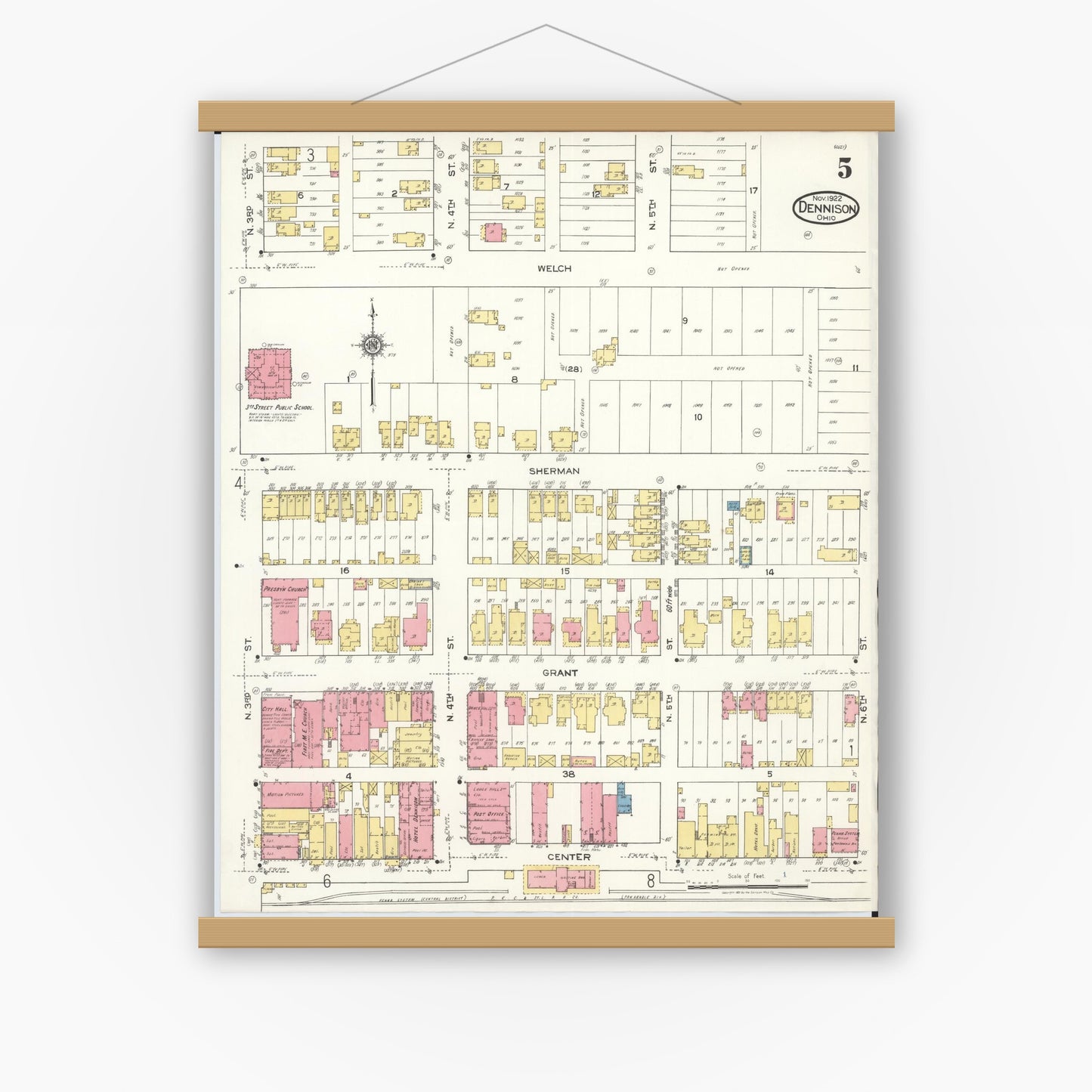 Old map wall art mockup — magnetic wood frame on white wall — Sanborn Fire Insurance Map from Dennison, Tuscarawas County, Ohio (1921), Sheet #0005