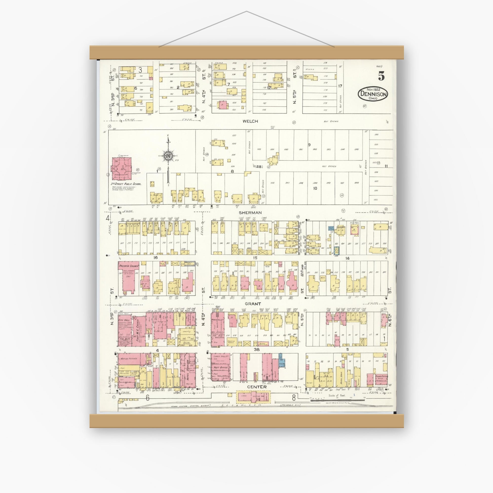 Old map wall art mockup — magnetic wood frame on white wall — Sanborn Fire Insurance Map from Dennison, Tuscarawas County, Ohio (1921), Sheet #0005