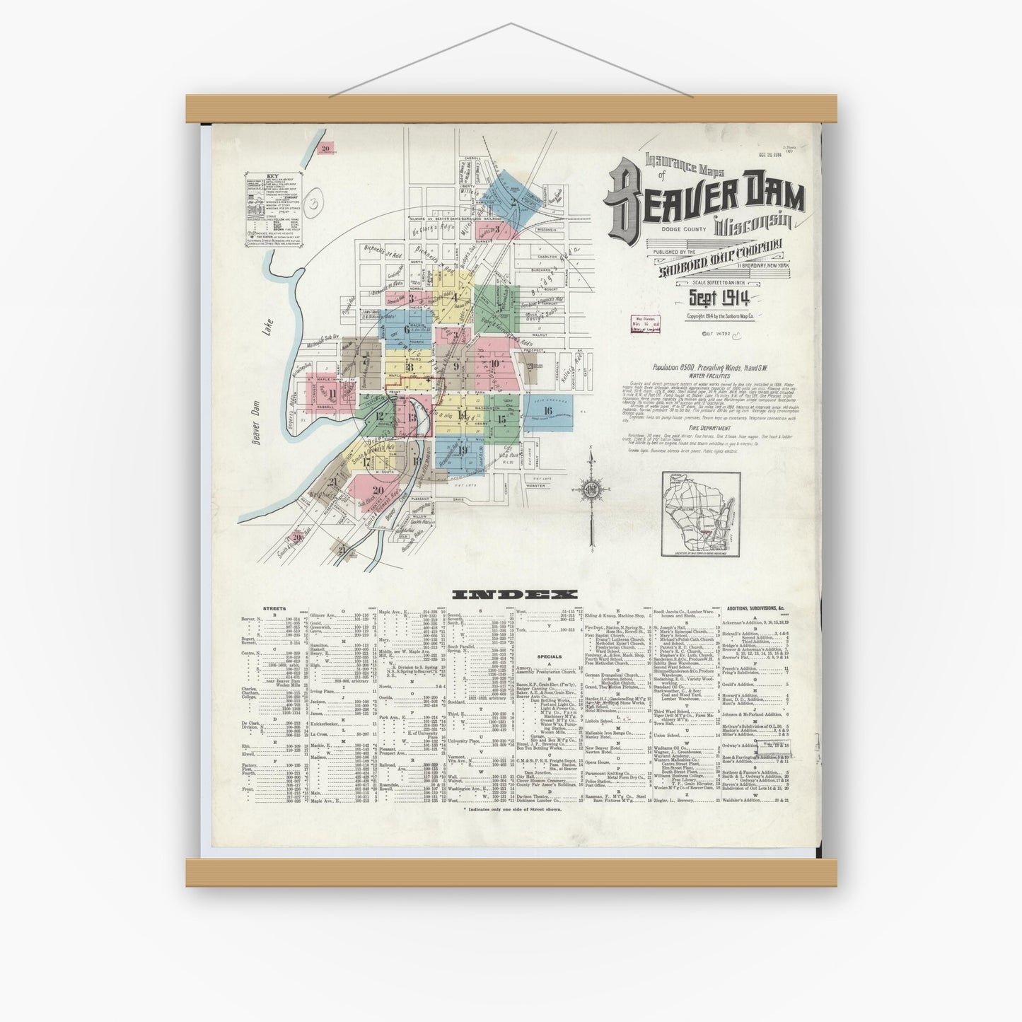 Old map wall art mockup — magnetic wood frame on white wall — Sanborn Fire Insurance Map from Beaver Dam, Dodge County, Wisconsin (1914) - Complete Map Set