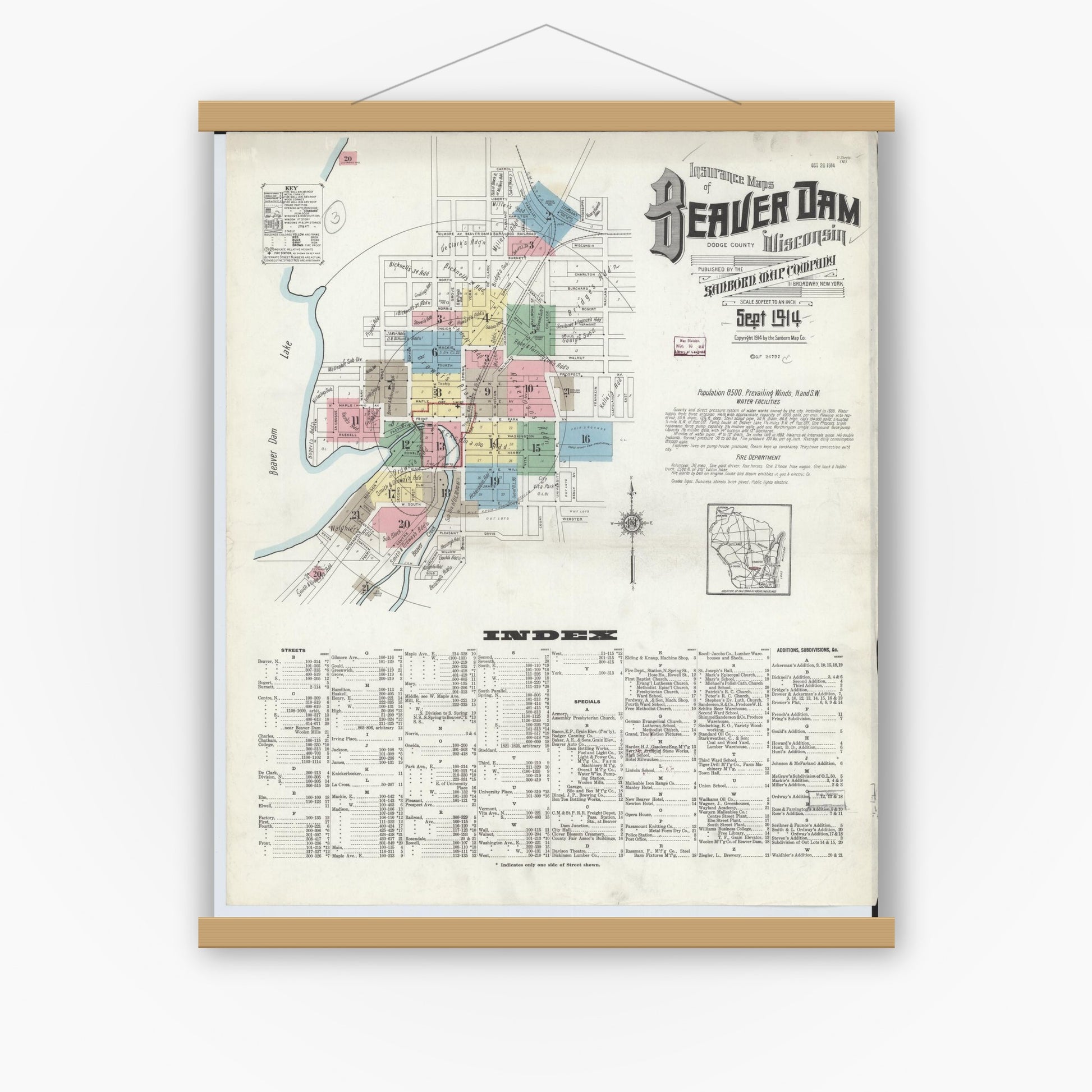 Old map wall art mockup — magnetic wood frame on white wall — Sanborn Fire Insurance Map from Beaver Dam, Dodge County, Wisconsin (1914) - Complete Map Set