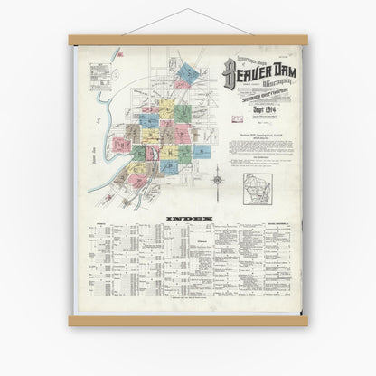 Old map wall art mockup — magnetic wood frame on white wall — Sanborn Fire Insurance Map from Beaver Dam, Dodge County, Wisconsin (1914) - Complete Map Set