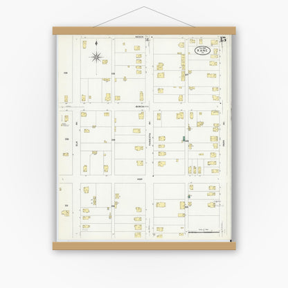 Old map wall art mockup — magnetic wood frame on white wall — Sanborn Fire Insurance Map from Kane, McKean County, Pennsylvania (1909), Sheet #0015