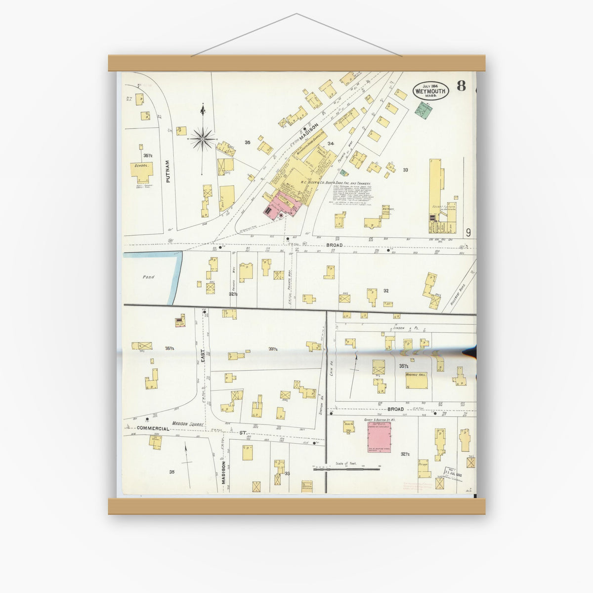 Old map wall art mockup — magnetic wood frame on white wall — Sanborn Fire Insurance Map from Weymouth, Norfolk County, Massachusetts (1904), Sheet #0008