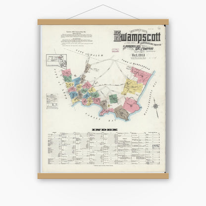 Old map wall art mockup — magnetic wood frame on white wall — Sanborn Fire Insurance Map from Swampscott, Essex County, Massachusetts (1913) - Complete Map Set