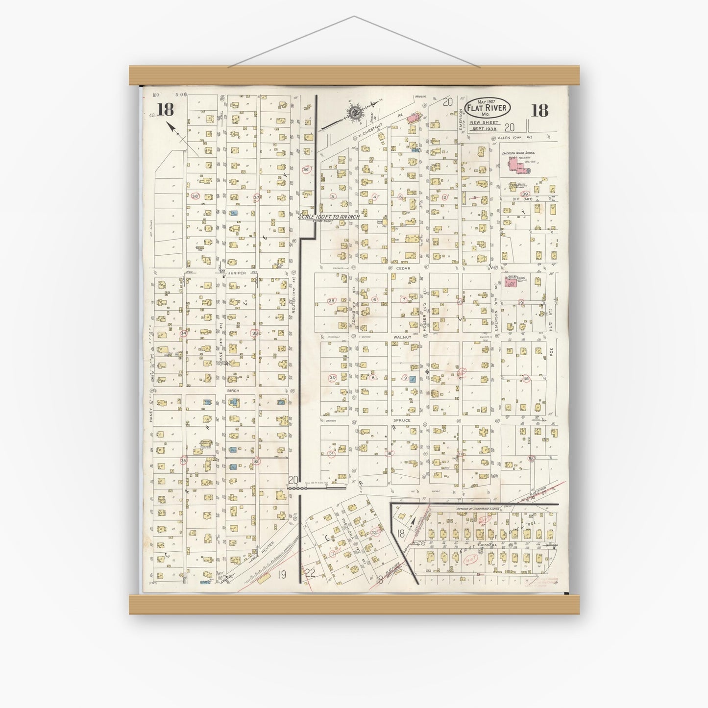 Old map wall art mockup — magnetic wood frame on white wall — Sanborn Fire Insurance Map from Flat River, Saint Francois County, Missouri (1938), Sheet #0018