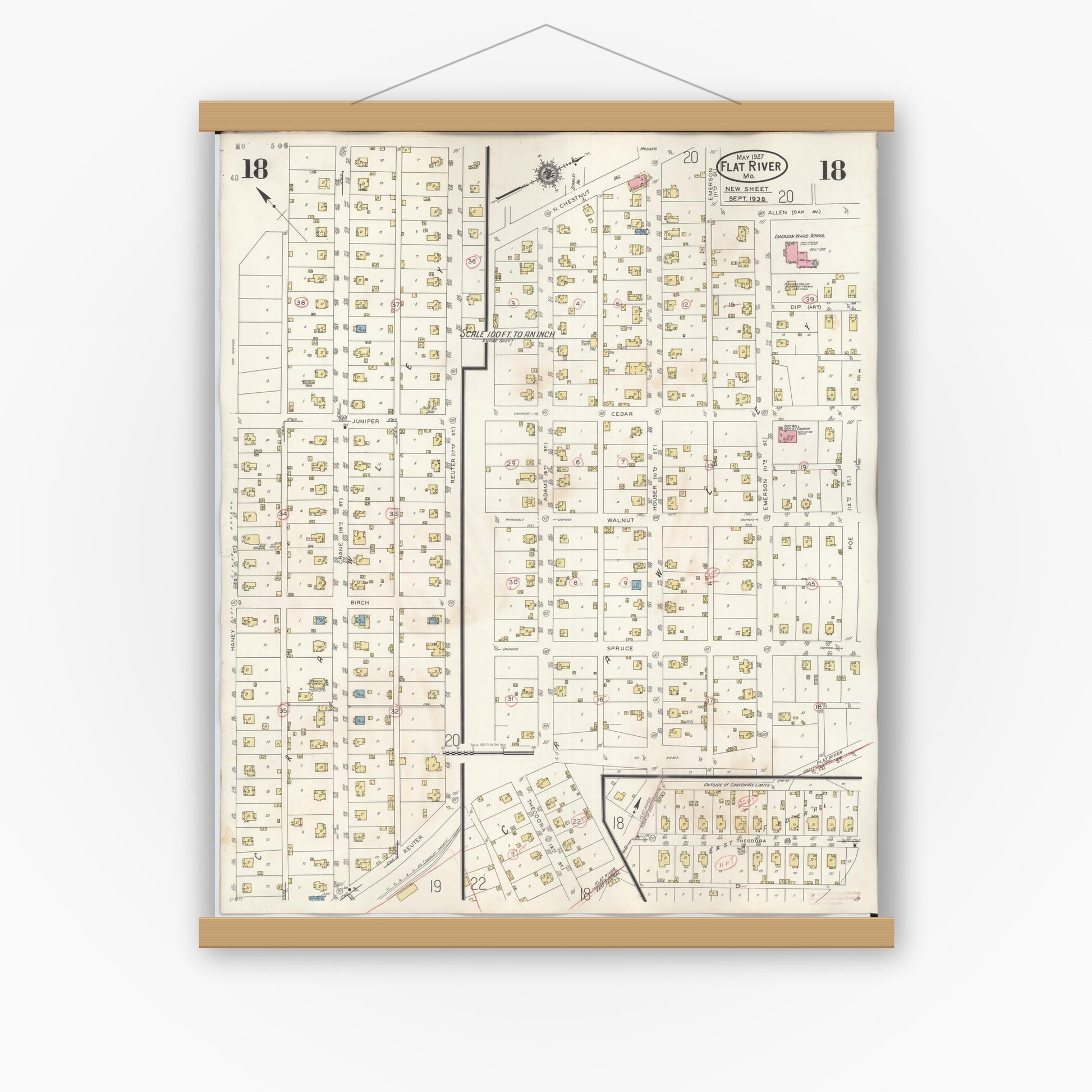 Old map wall art mockup — magnetic wood frame on white wall — Sanborn Fire Insurance Map from Flat River, Saint Francois County, Missouri (1938), Sheet #0018