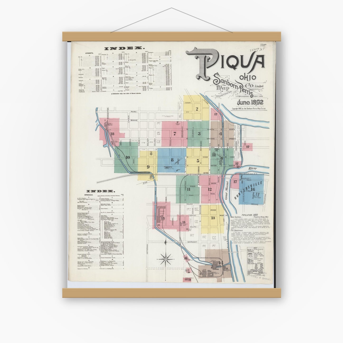 Old map wall art mockup — magnetic wood frame on white wall — Sanborn Fire Insurance Map from Piqua, Miami County, Ohio (1892), Sheet #0001