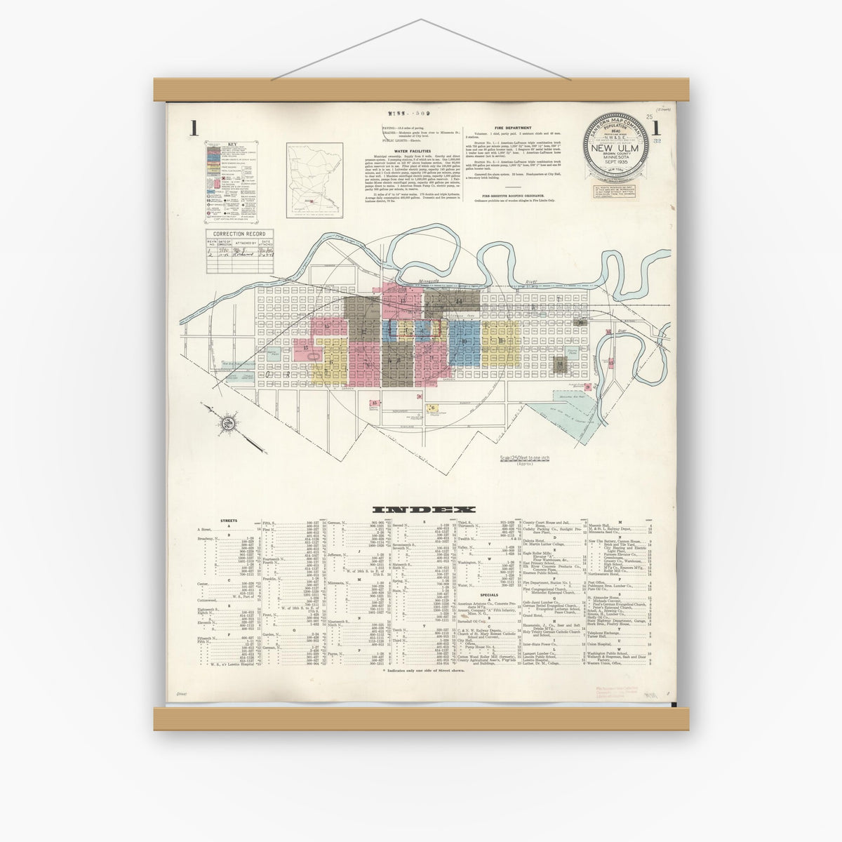 Old map wall art mockup — magnetic wood frame on white wall — Sanborn Fire Insurance Map from New Ulm, Brown County, Minnesota (1946), Sheet #0001