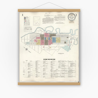Old map wall art mockup — magnetic wood frame on white wall — Sanborn Fire Insurance Map from New Ulm, Brown County, Minnesota (1946), Sheet #0001
