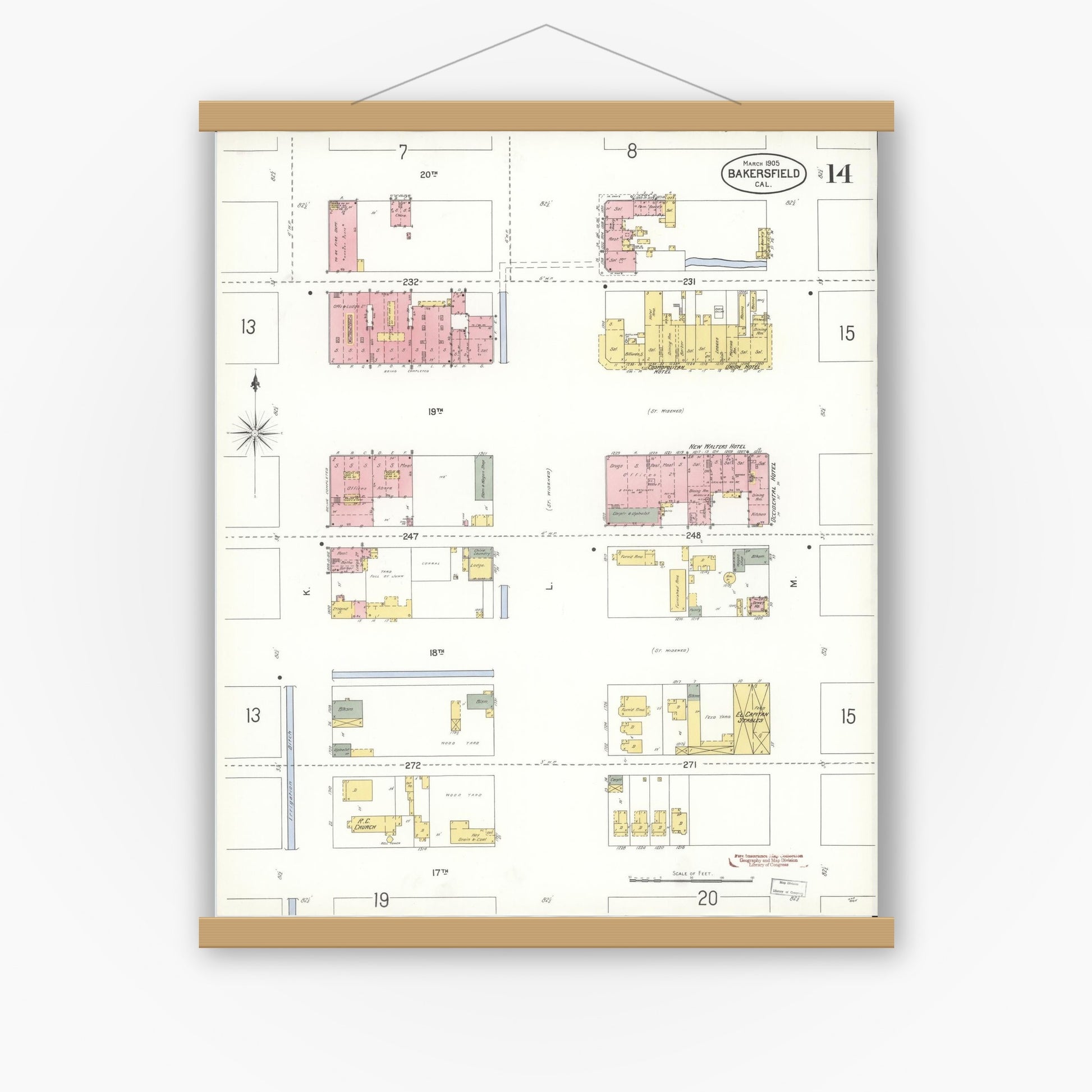 Old map wall art mockup — magnetic wood frame on white wall — Sanborn Fire Insurance Map from Bakersfield, Kern County, California (1905), Sheet #0014