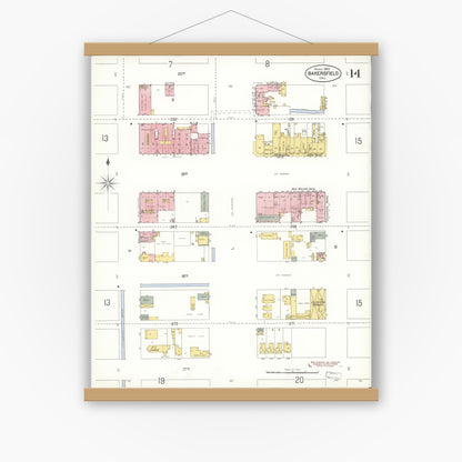 Old map wall art mockup — magnetic wood frame on white wall — Sanborn Fire Insurance Map from Bakersfield, Kern County, California (1905), Sheet #0014