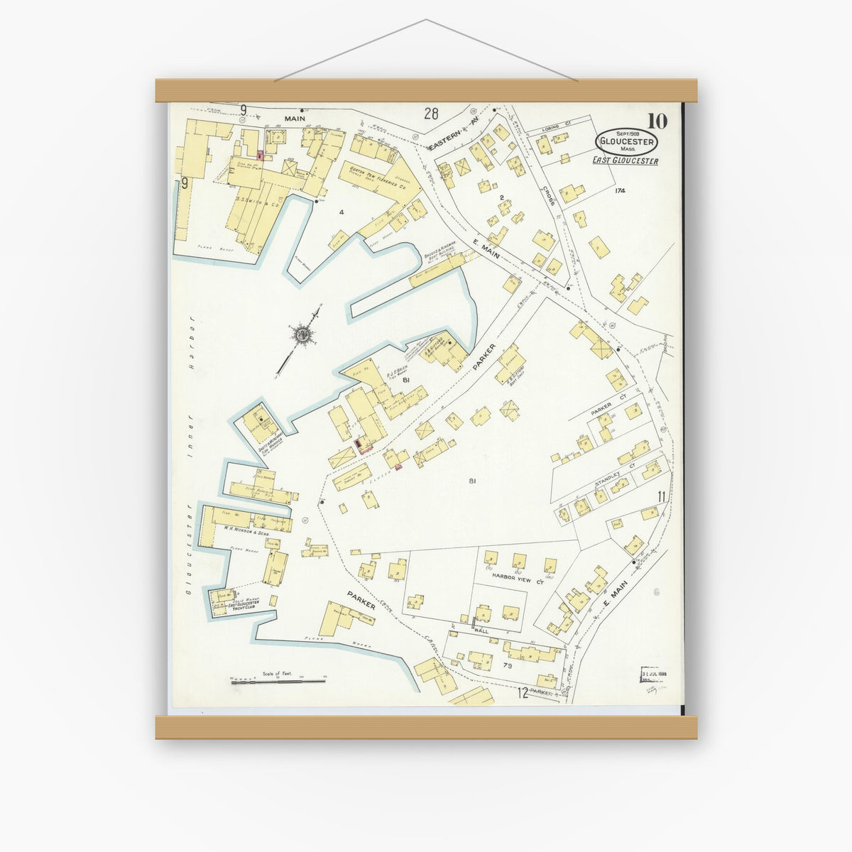 Old map wall art mockup — magnetic wood frame on white wall — Sanborn Fire Insurance Map from Gloucester, Essex County, Massachusetts (1909), Sheet #0010
