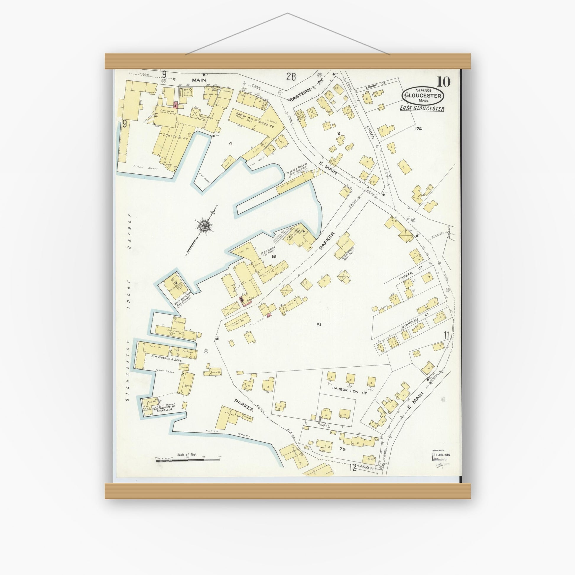 Old map wall art mockup — magnetic wood frame on white wall — Sanborn Fire Insurance Map from Gloucester, Essex County, Massachusetts (1909), Sheet #0010