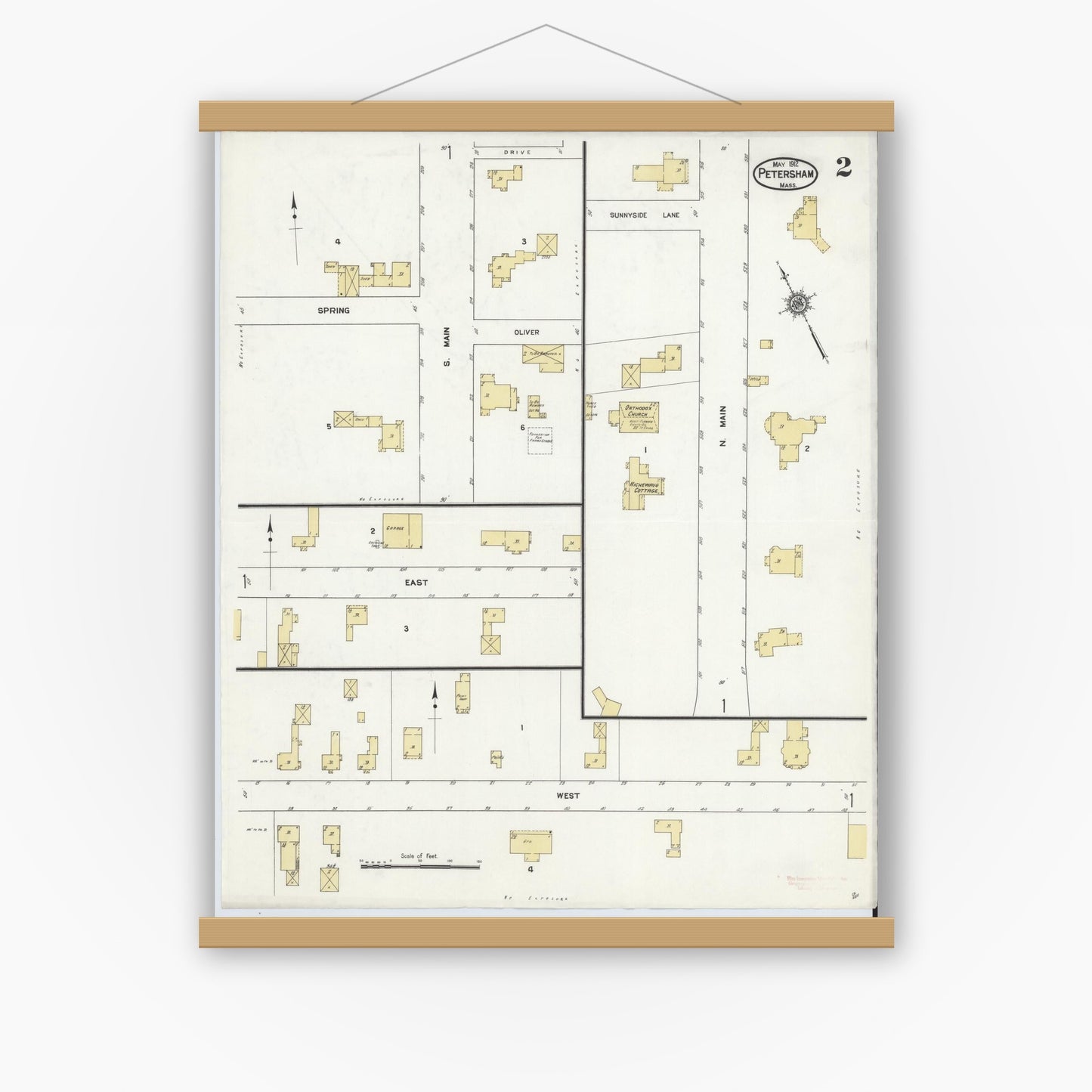 Old map wall art mockup — magnetic wood frame on white wall — Sanborn Fire Insurance Map from Petersham, Worcester County, Massachusetts (1912), Sheet #0002