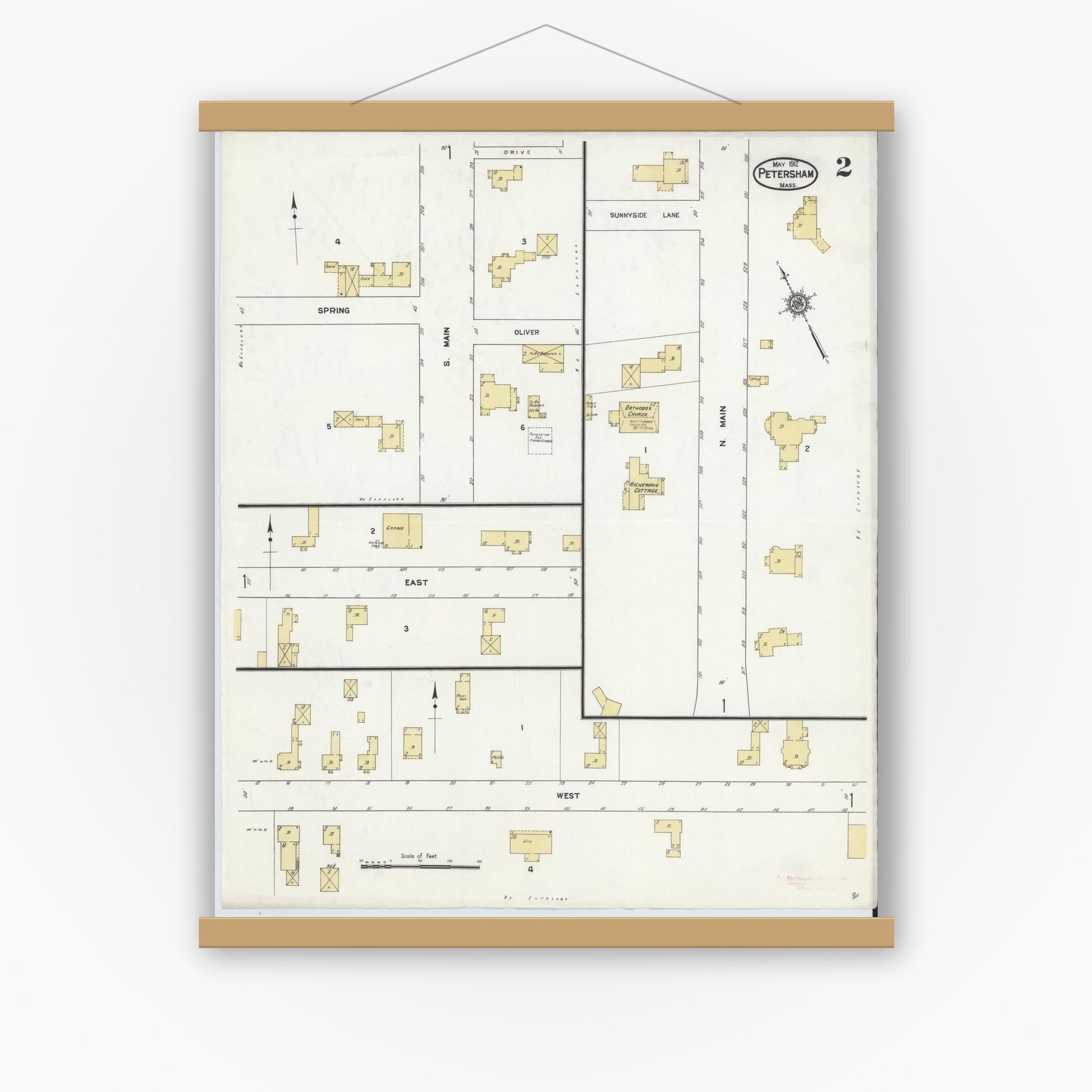 Old map wall art mockup — magnetic wood frame on white wall — Sanborn Fire Insurance Map from Petersham, Worcester County, Massachusetts (1912), Sheet #0002