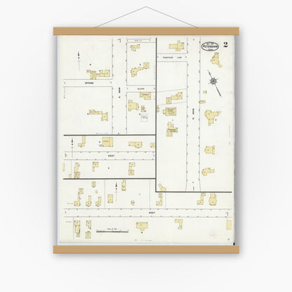 Old map wall art mockup — magnetic wood frame on white wall — Sanborn Fire Insurance Map from Petersham, Worcester County, Massachusetts (1912), Sheet #0002