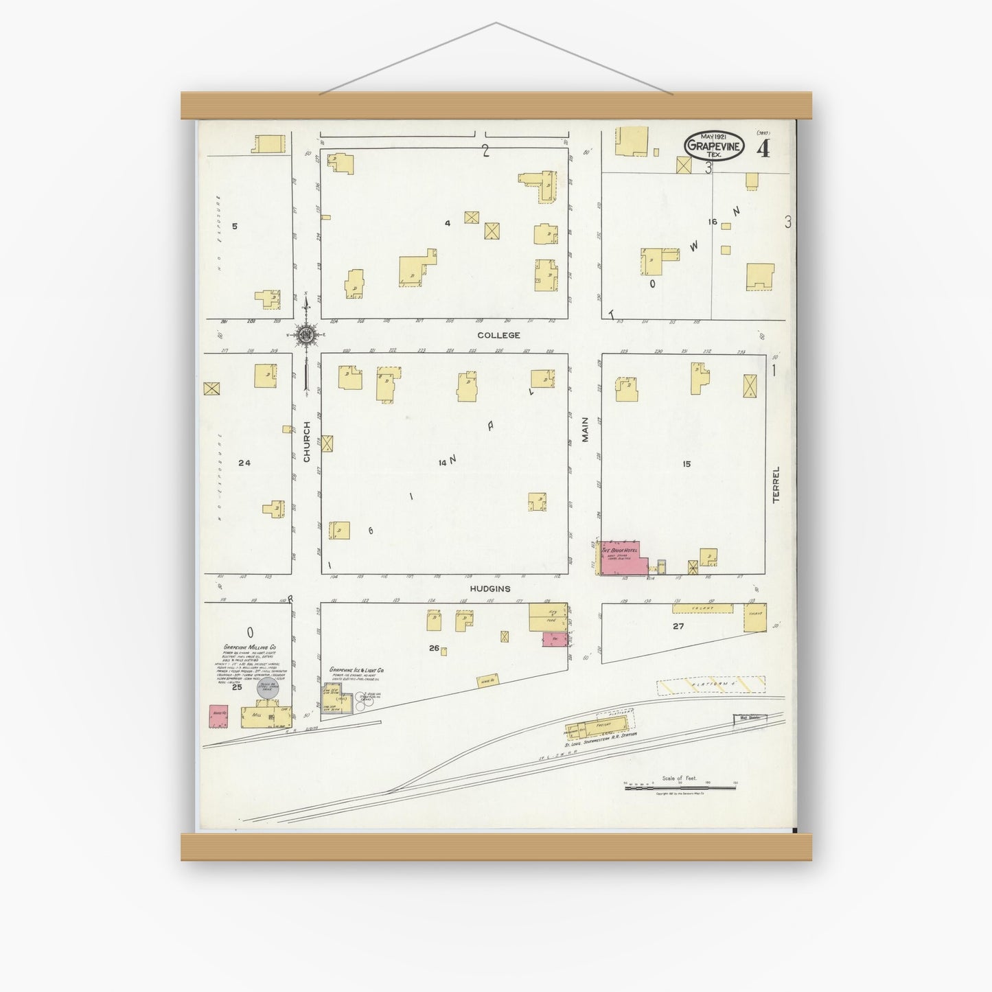 Old map wall art mockup — magnetic wood frame on white wall — Sanborn Fire Insurance Map from Grapevine, Tarrant County, Texas (1921), Sheet #0004
