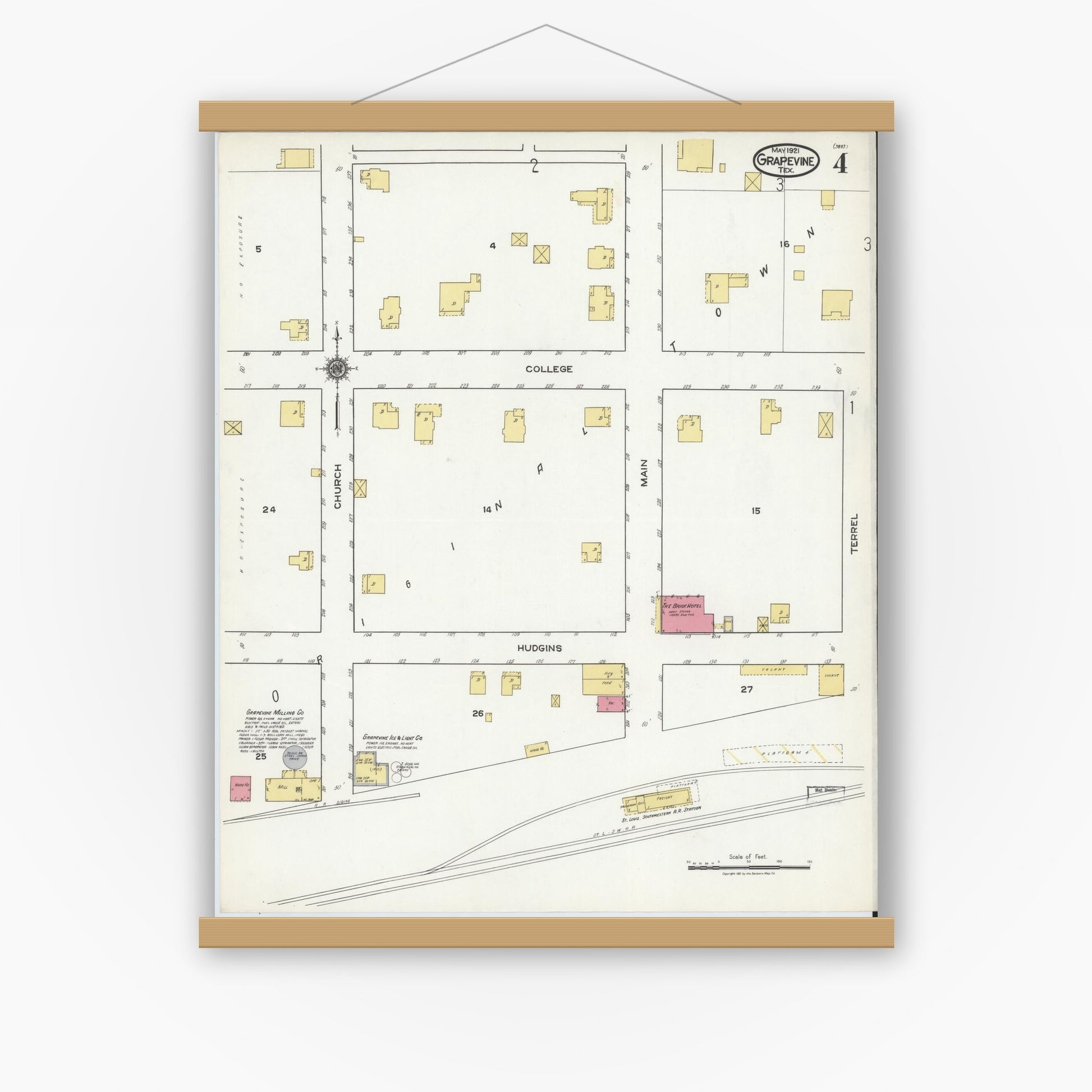 Old map wall art mockup — magnetic wood frame on white wall — Sanborn Fire Insurance Map from Grapevine, Tarrant County, Texas (1921), Sheet #0004