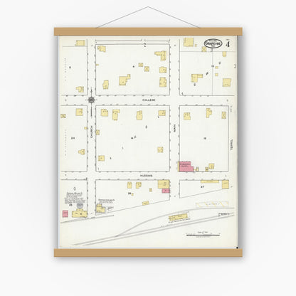 Old map wall art mockup — magnetic wood frame on white wall — Sanborn Fire Insurance Map from Grapevine, Tarrant County, Texas (1921), Sheet #0004
