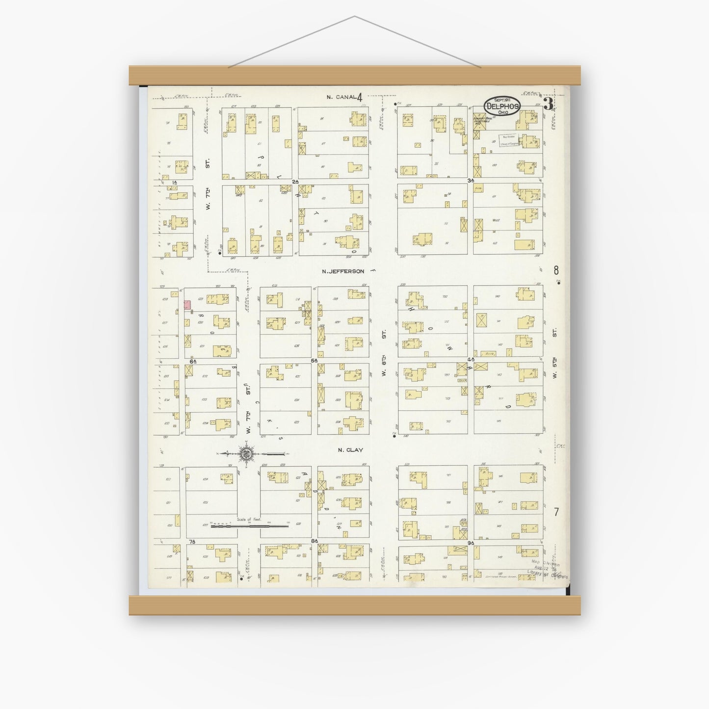 Old map wall art mockup — magnetic wood frame on white wall — Sanborn Fire Insurance Map from Delphos, Van Wert And Allen Counties, Ohio (1911), Sheet #0003