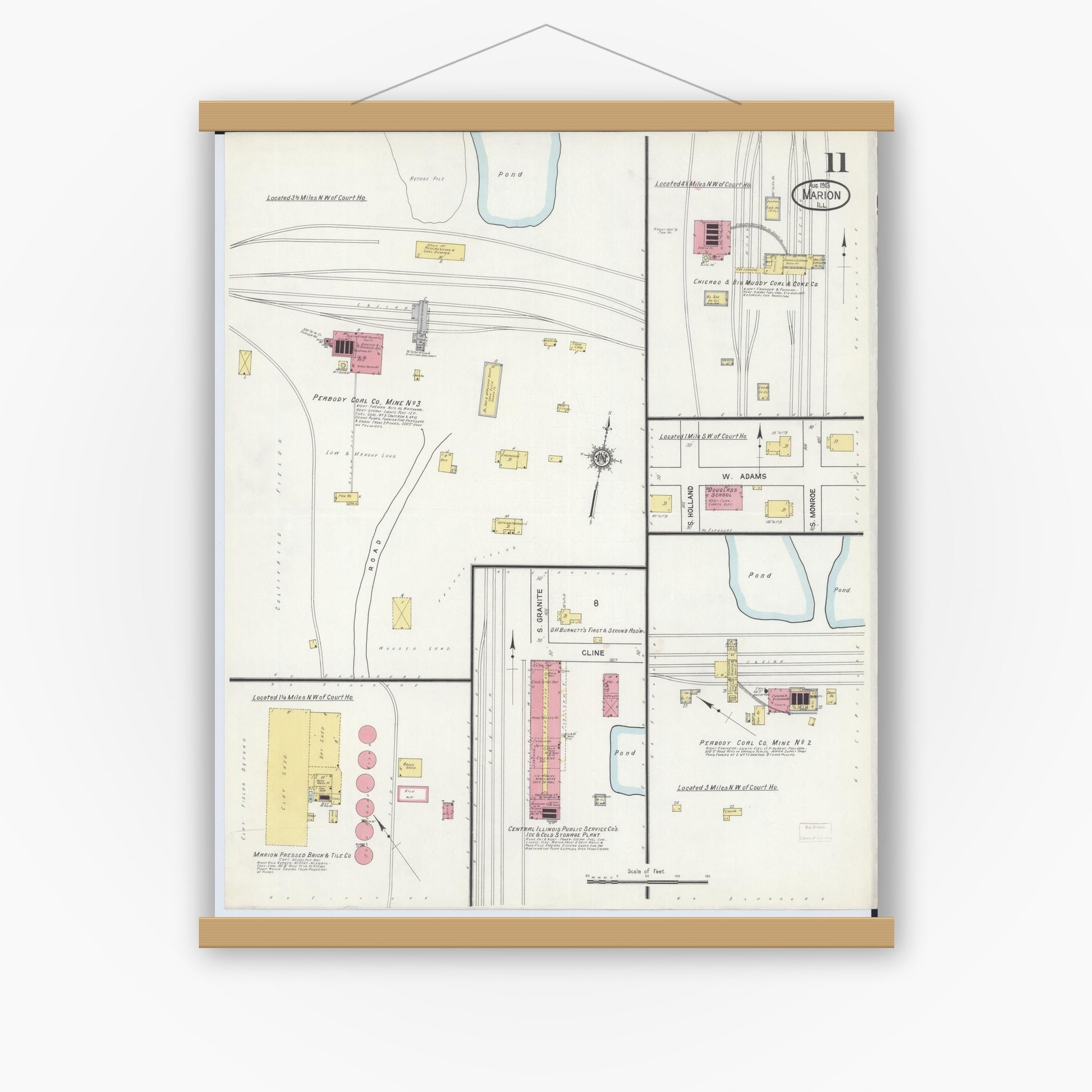 Old map wall art mockup — magnetic wood frame on white wall — Sanborn Fire Insurance Map from Marion, Williamson County, Illinois (1913), Sheet #0011