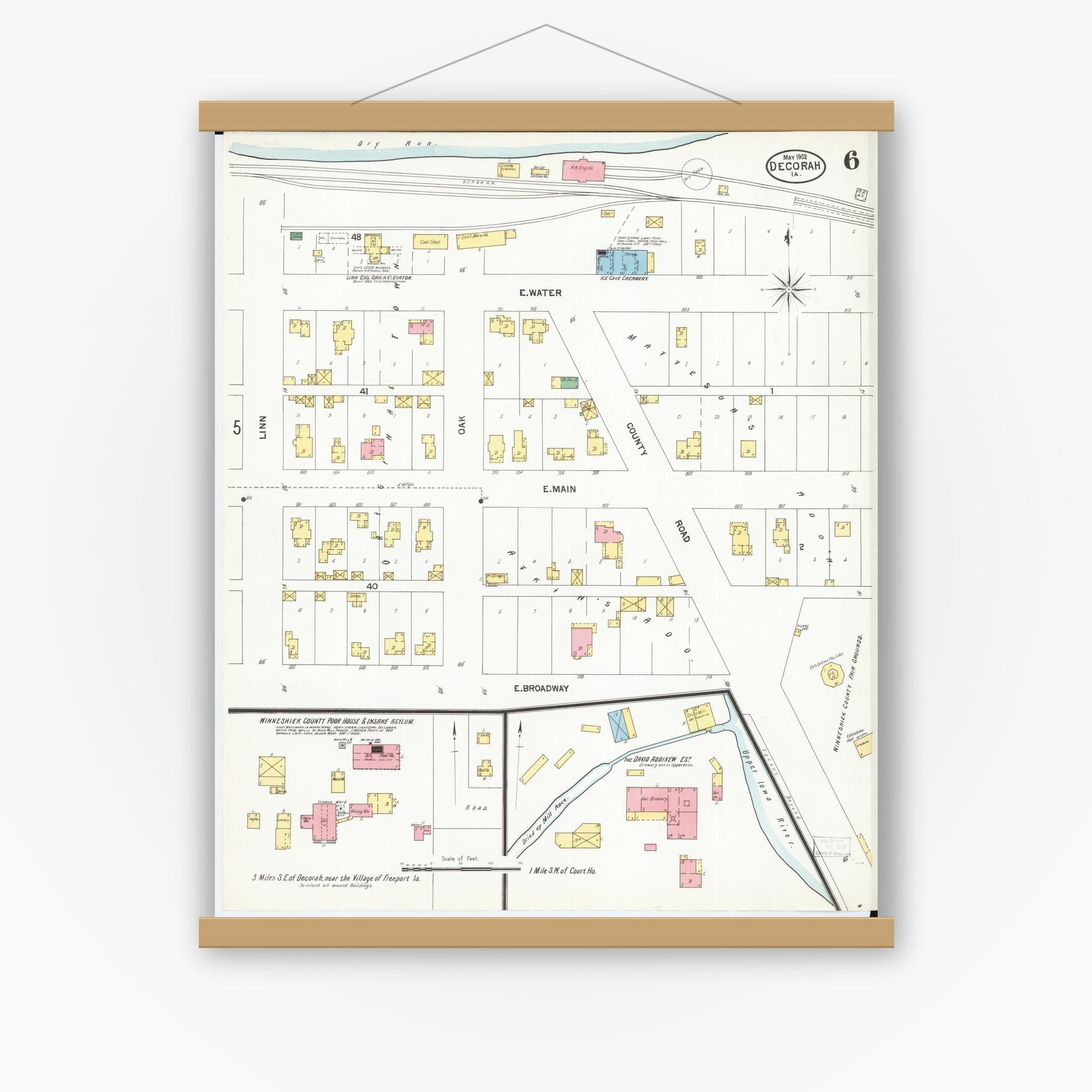 Old map wall art mockup — magnetic wood frame on white wall — Sanborn Fire Insurance Map from Decorah, Winneshiek County, Iowa (1902), Sheet #0006