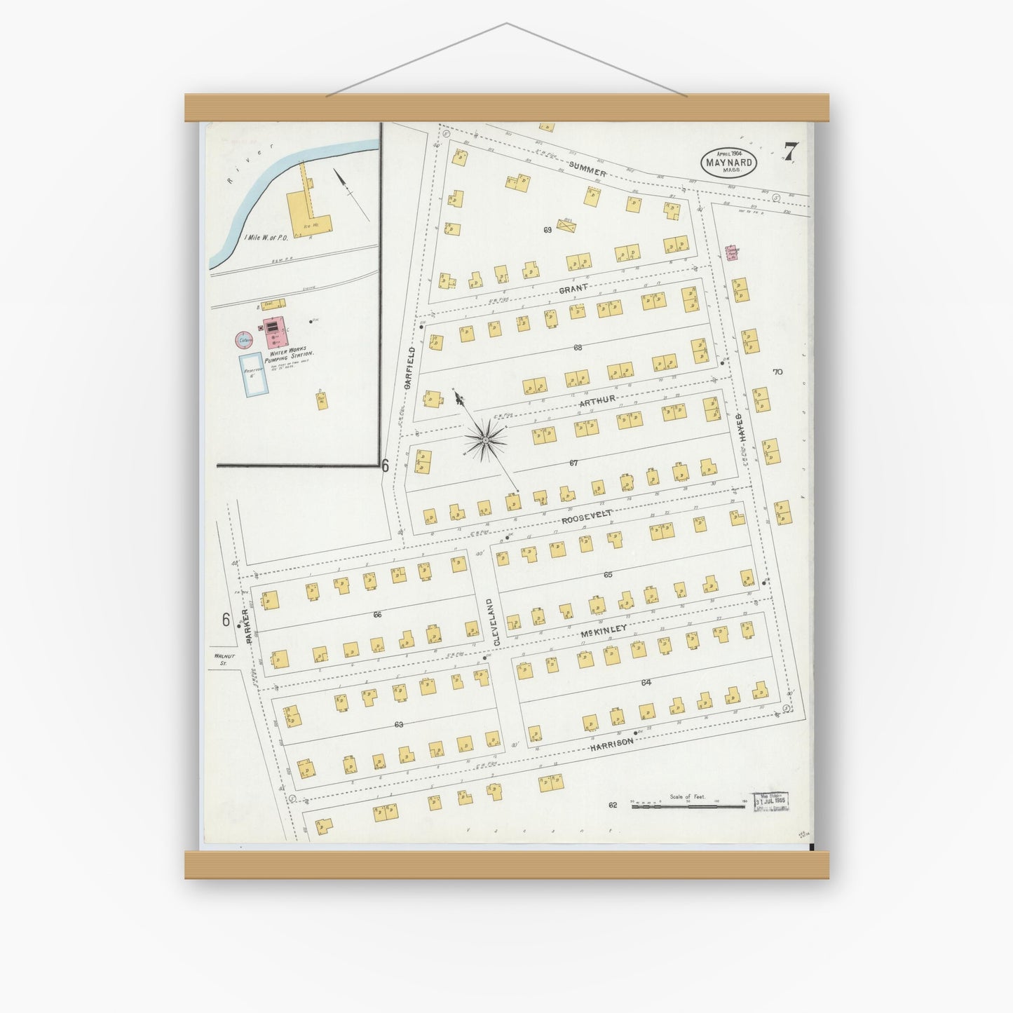 Old map wall art mockup — magnetic wood frame on white wall — Sanborn Fire Insurance Map from Maynard, Middlesex County, Massachusetts (1904), Sheet #0007