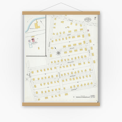 Old map wall art mockup — magnetic wood frame on white wall — Sanborn Fire Insurance Map from Maynard, Middlesex County, Massachusetts (1904), Sheet #0007