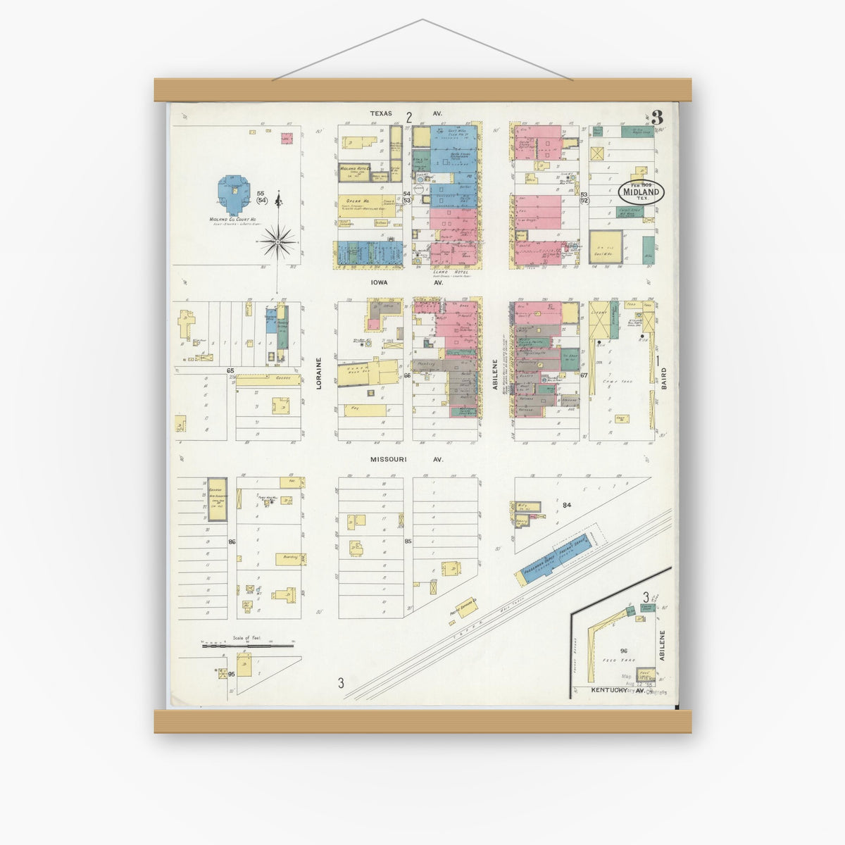 Old map wall art mockup — magnetic wood frame on white wall — Sanborn Fire Insurance Map from Midland, Midland County, Texas (1909), Sheet #0003