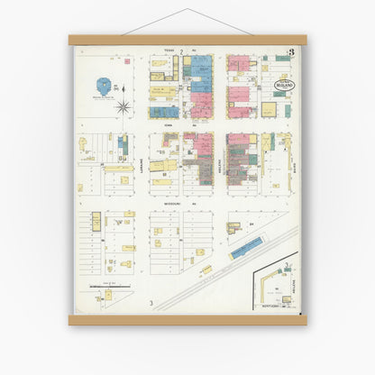 Old map wall art mockup — magnetic wood frame on white wall — Sanborn Fire Insurance Map from Midland, Midland County, Texas (1909), Sheet #0003