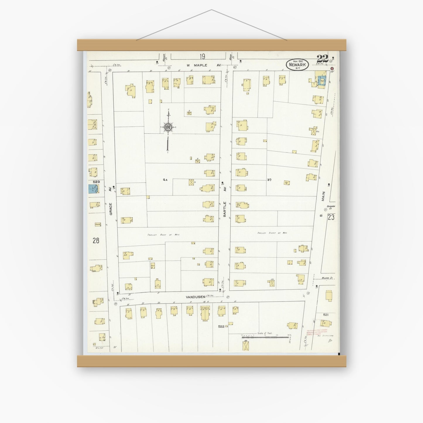 Old map wall art mockup — magnetic wood frame on white wall — Sanborn Fire Insurance Map from Newark, Wayne County, New York (1912), Sheet #0022