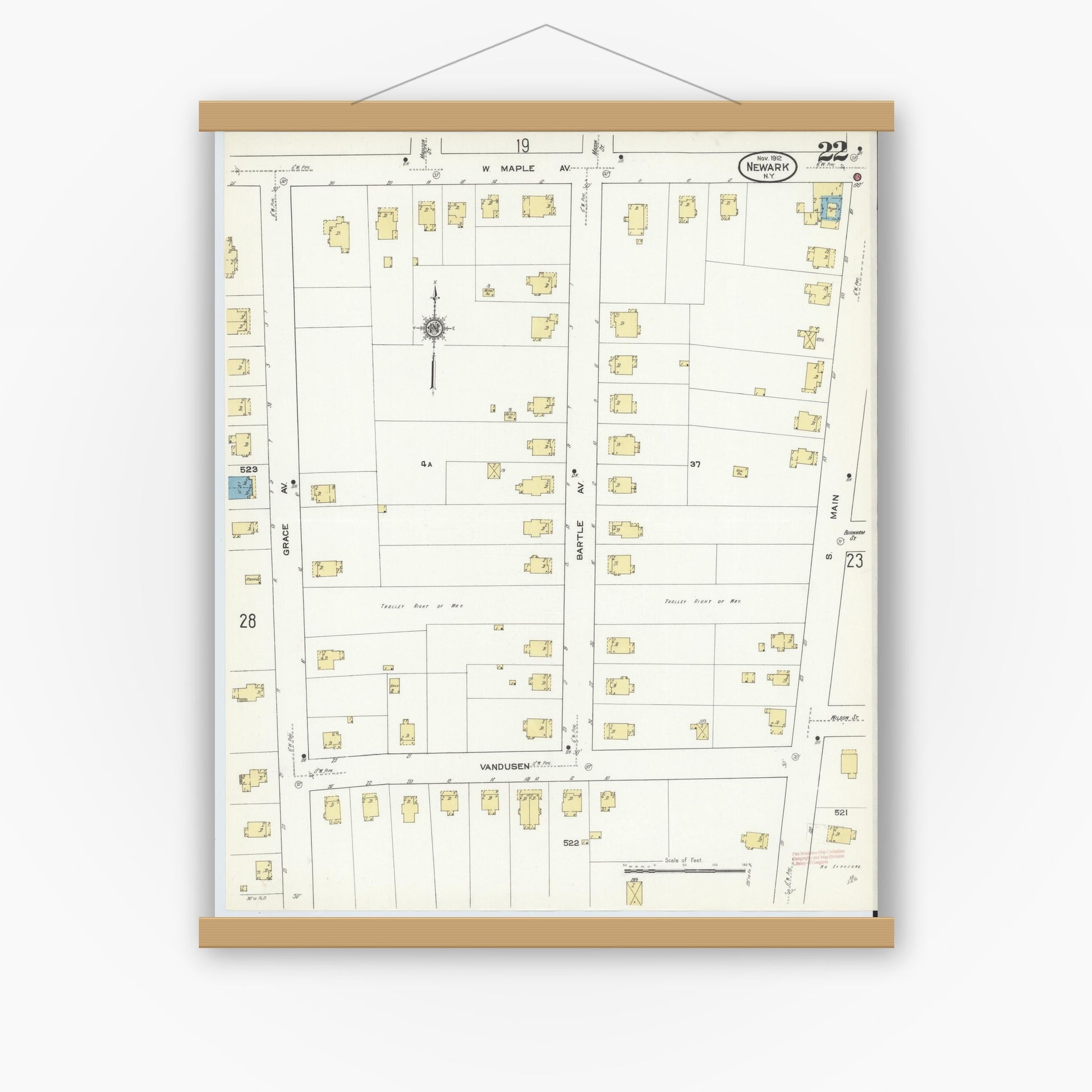 Old map wall art mockup — magnetic wood frame on white wall — Sanborn Fire Insurance Map from Newark, Wayne County, New York (1912), Sheet #0022