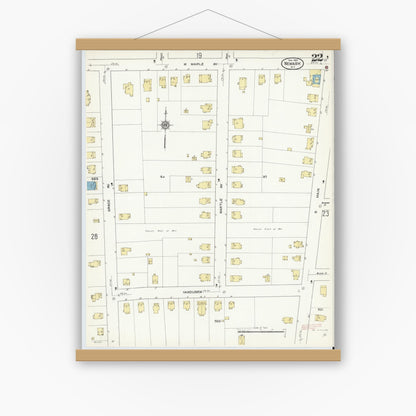 Old map wall art mockup — magnetic wood frame on white wall — Sanborn Fire Insurance Map from Newark, Wayne County, New York (1912), Sheet #0022