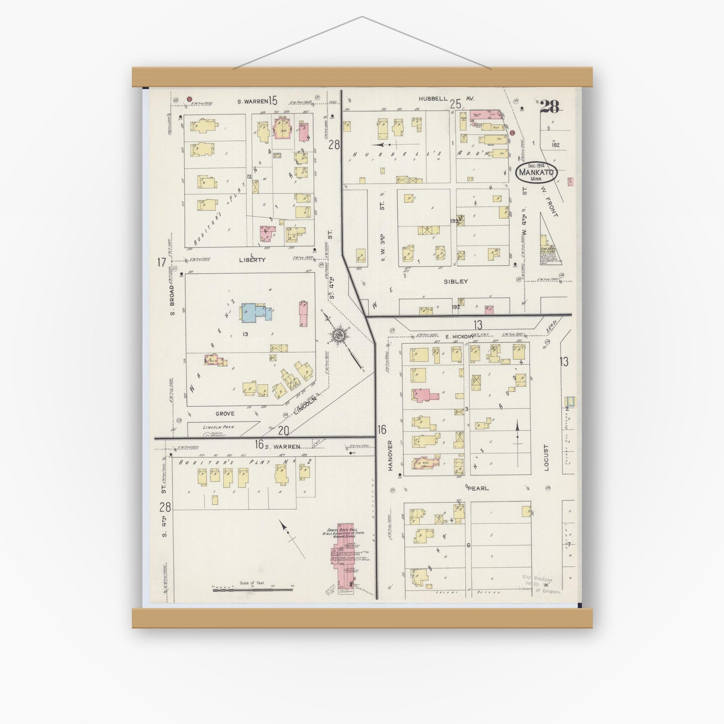 Old map wall art mockup — magnetic wood frame on white wall — Sanborn Fire Insurance Map from Mankato, Blue Earth County, Minnesota (1914), Sheet #0028