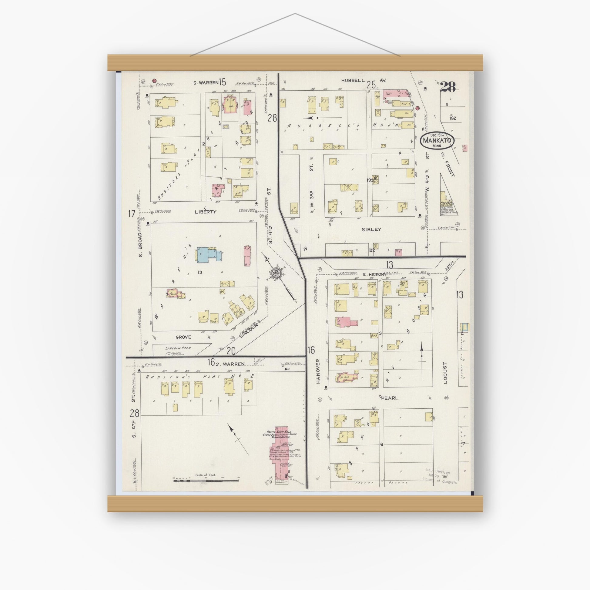 Old map wall art mockup — magnetic wood frame on white wall — Sanborn Fire Insurance Map from Mankato, Blue Earth County, Minnesota (1914), Sheet #0028