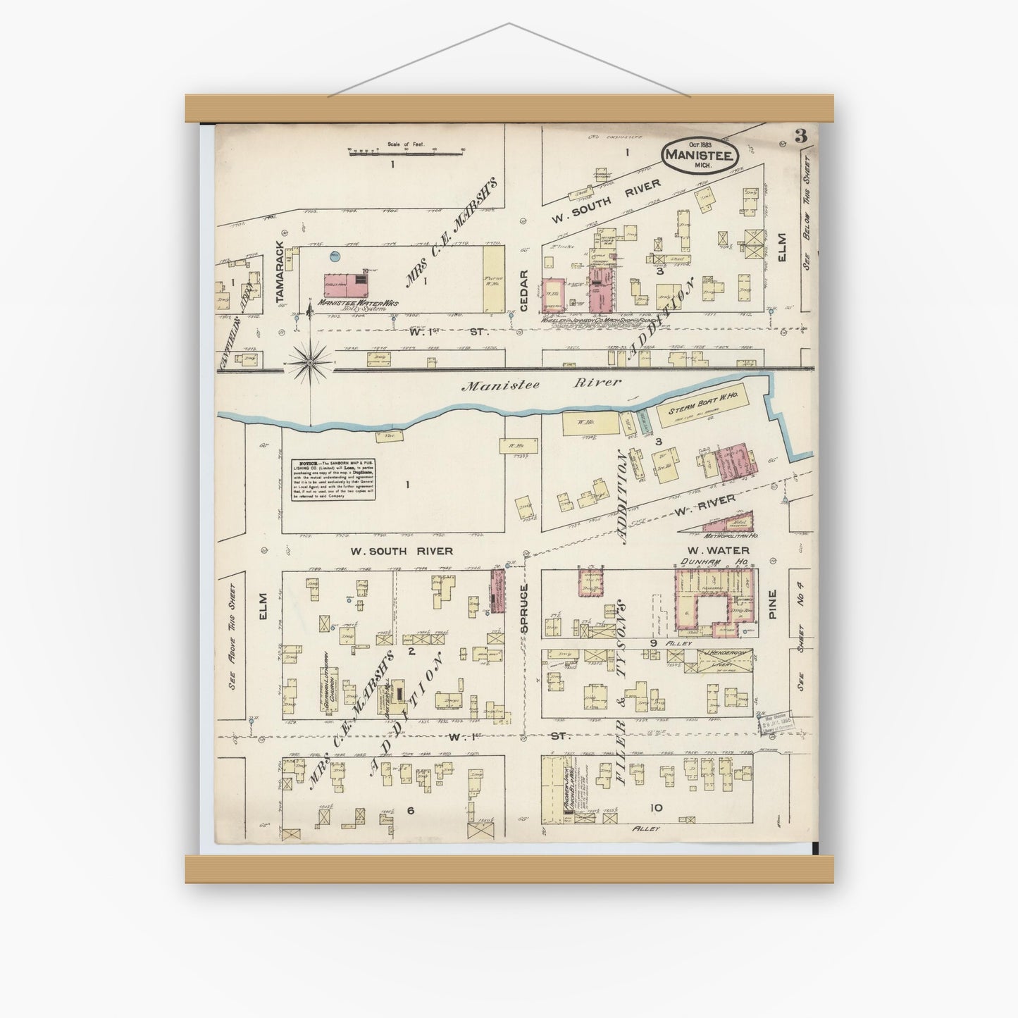 Old map wall art mockup — magnetic wood frame on white wall — Sanborn Fire Insurance Map from Manistee, Manistee County, Michigan (1883), Sheet #0003