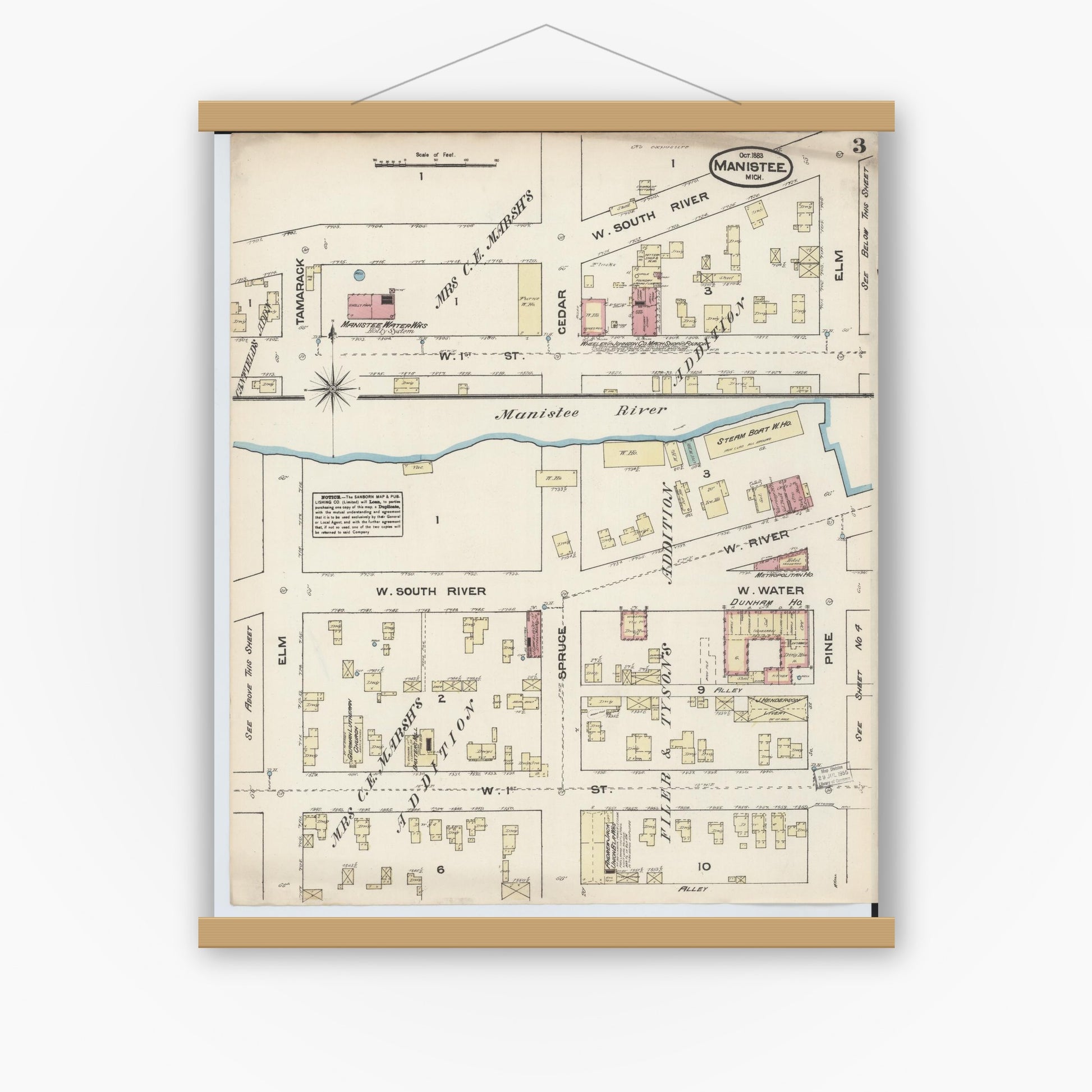 Old map wall art mockup — magnetic wood frame on white wall — Sanborn Fire Insurance Map from Manistee, Manistee County, Michigan (1883), Sheet #0003