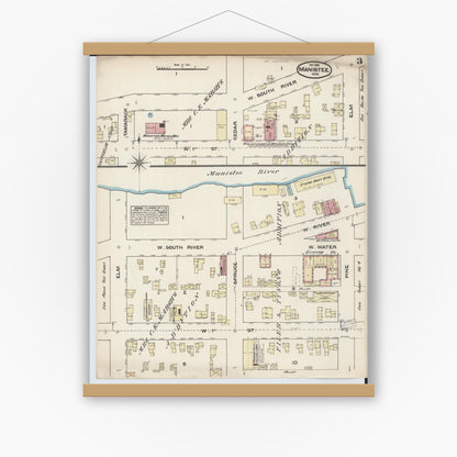 Old map wall art mockup — magnetic wood frame on white wall — Sanborn Fire Insurance Map from Manistee, Manistee County, Michigan (1883), Sheet #0003