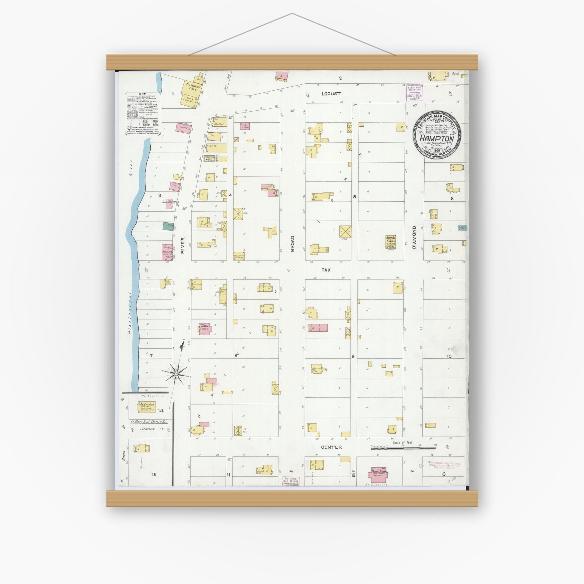 Old map wall art mockup — magnetic wood frame on white wall — Sanborn Fire Insurance Map from Hampton, Rock Island County, Illinois (1906), Sheet #0001